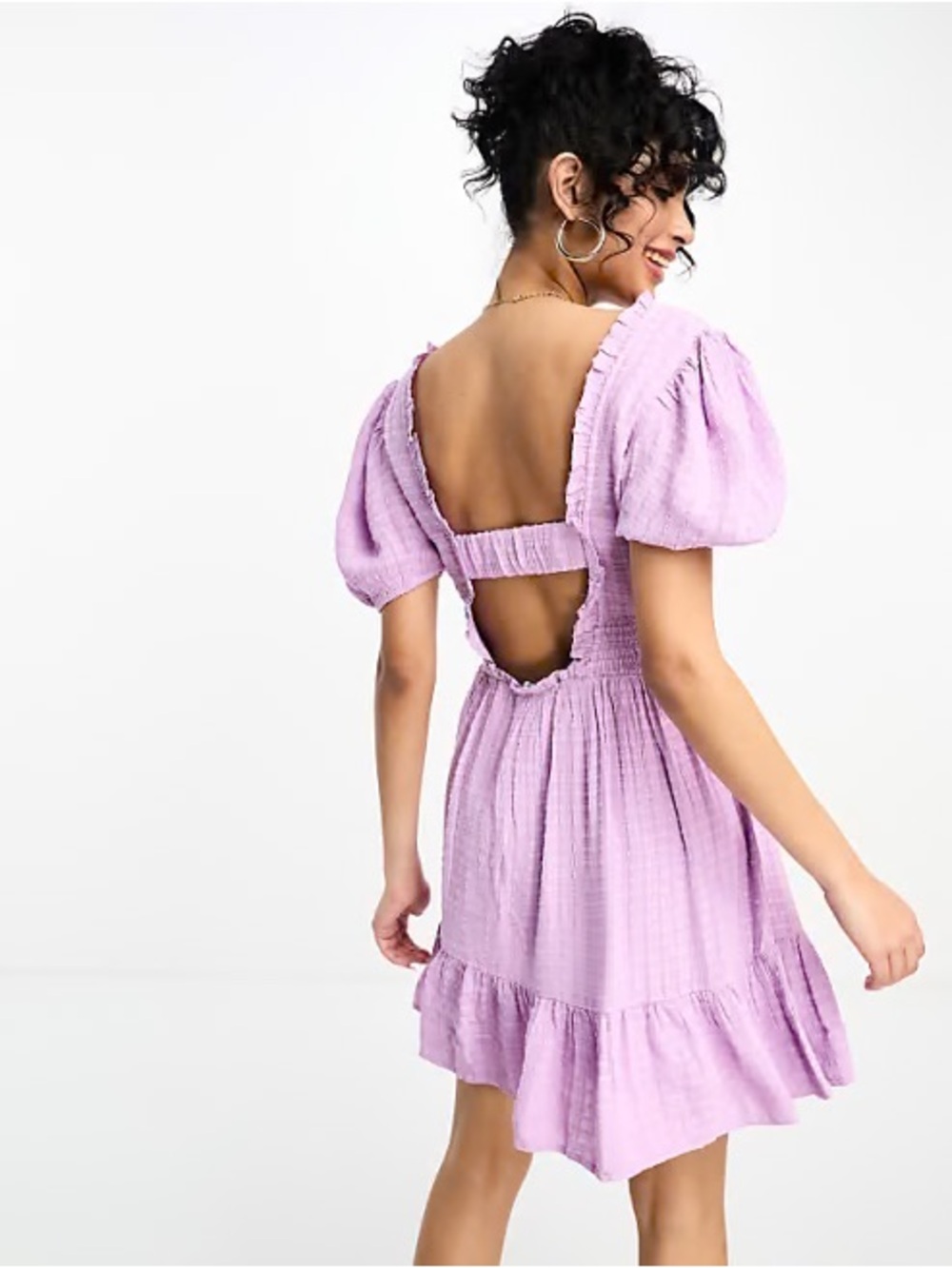 French Connection Lilac Ruffle V-Neck Puff Sleeve Mini Dress